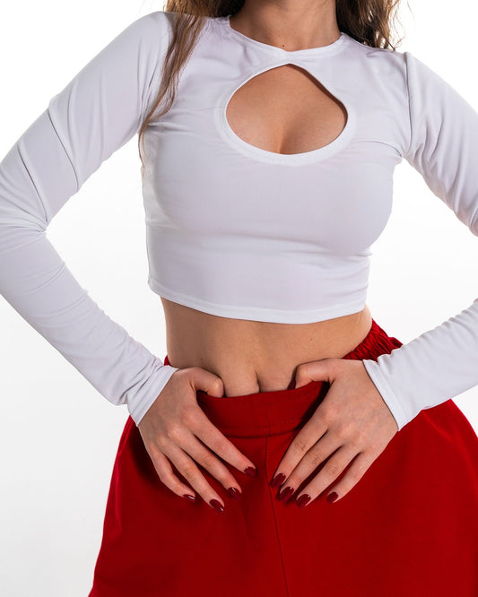 Білий лонгслів із вирізом для танців